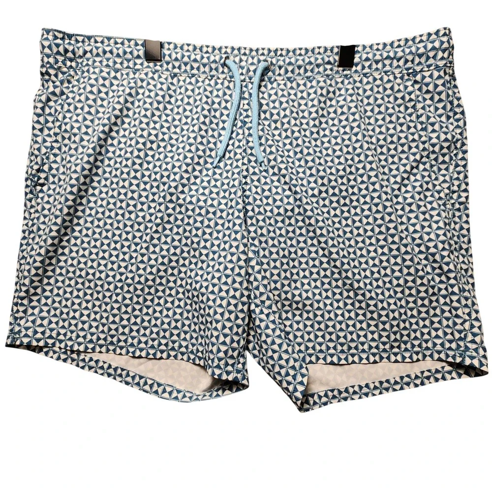 J. Crew Swim Trunks Mens L Blue White Geometric Pattern Drawstring Shorts